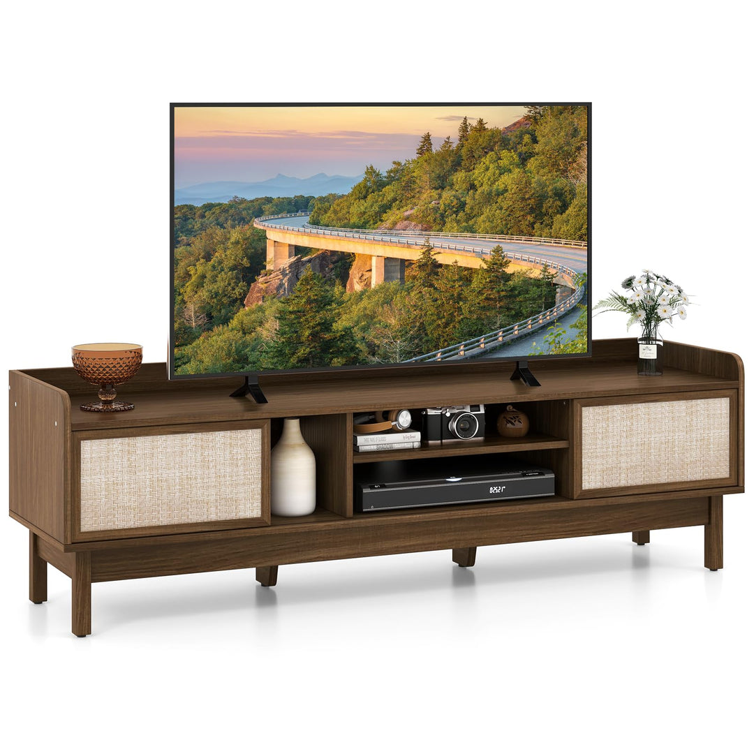 Giantex TV Stand for 65” TV, Entertainment Center with Woven Doors, Sliding Door, Adjustable Shelf & Compartment