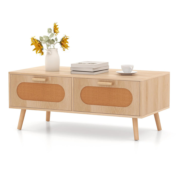 Giantex Rattan Coffee Table, Mid Century Modern Center Table with 2 Storage Drawers & Back Compartment