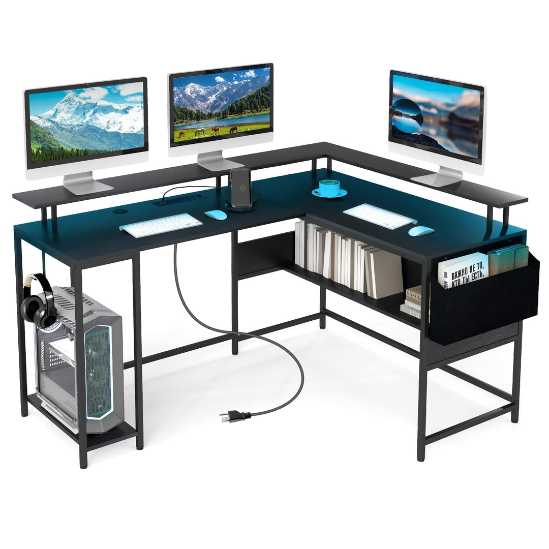 Giantex L Shaped Desk with LED Light & Power Outlets Ergonomic Home Office Desk