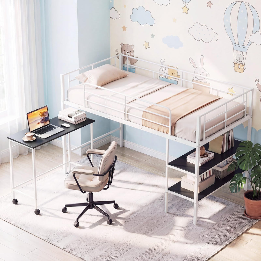 Giantex Low Loft Twin Size Bed with Desk &amp; Bookshelf