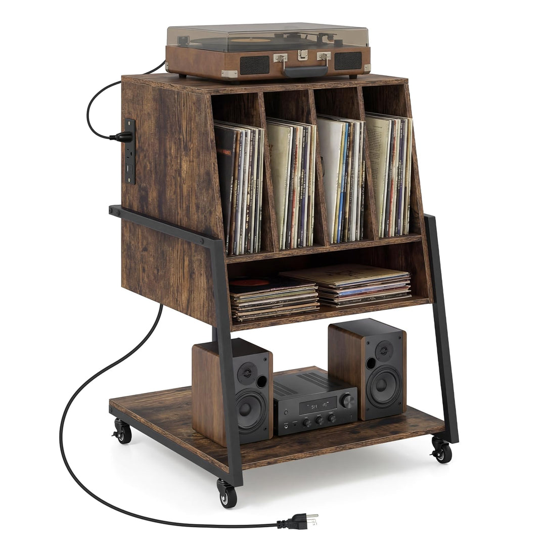 Giantex Record Player Stand on Wheels | 3-Tier Turntable Stand with Charging Station