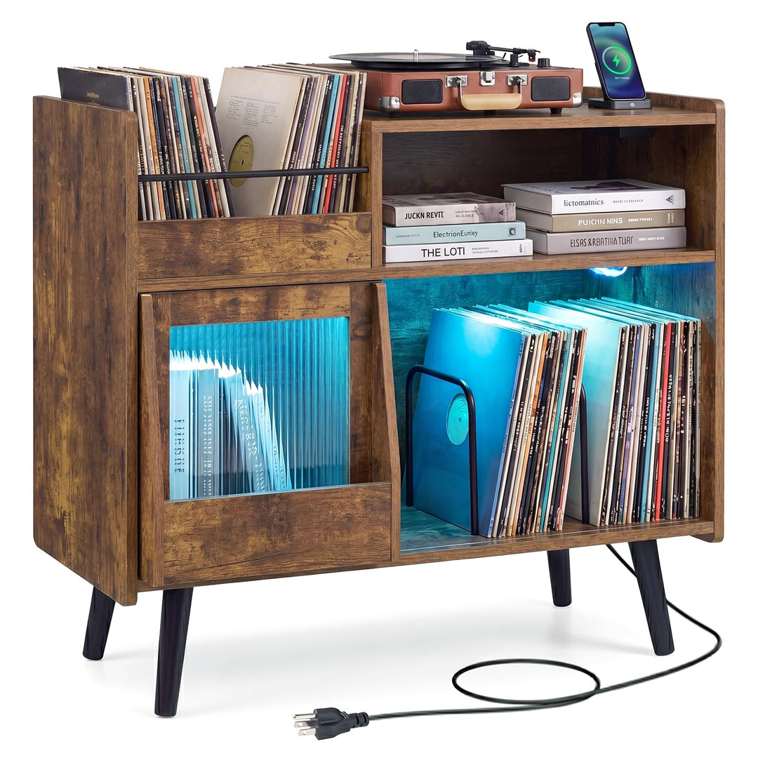 Giantex Large Record Player Stand with LED Light&amp; Sliding Door