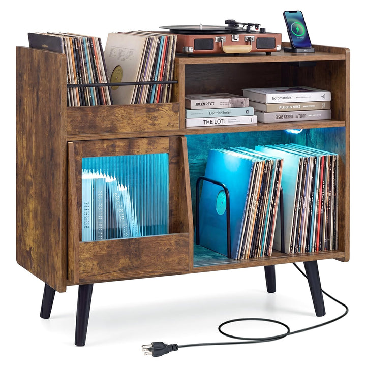 Giantex Large Record Player Stand with LED Light&amp; Sliding Door