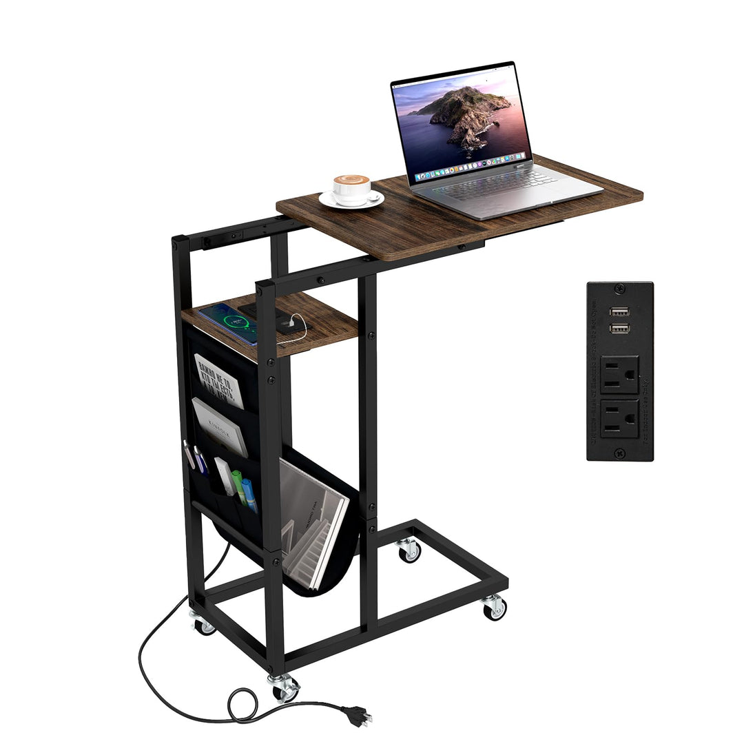 Giantex C Shaped End Table with Charging Station and Wheels