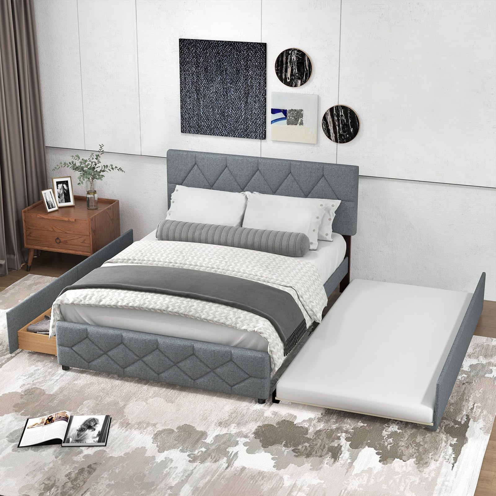 Giantex Queen Platform Bed Frame with Twin Trundle