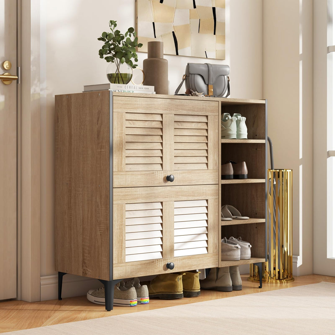 Giantex Shoe Cabinet with Flip & Slide Doors, Shoe Storage Cabinet with Adjustable Cube Shelves(Louvered Doors)