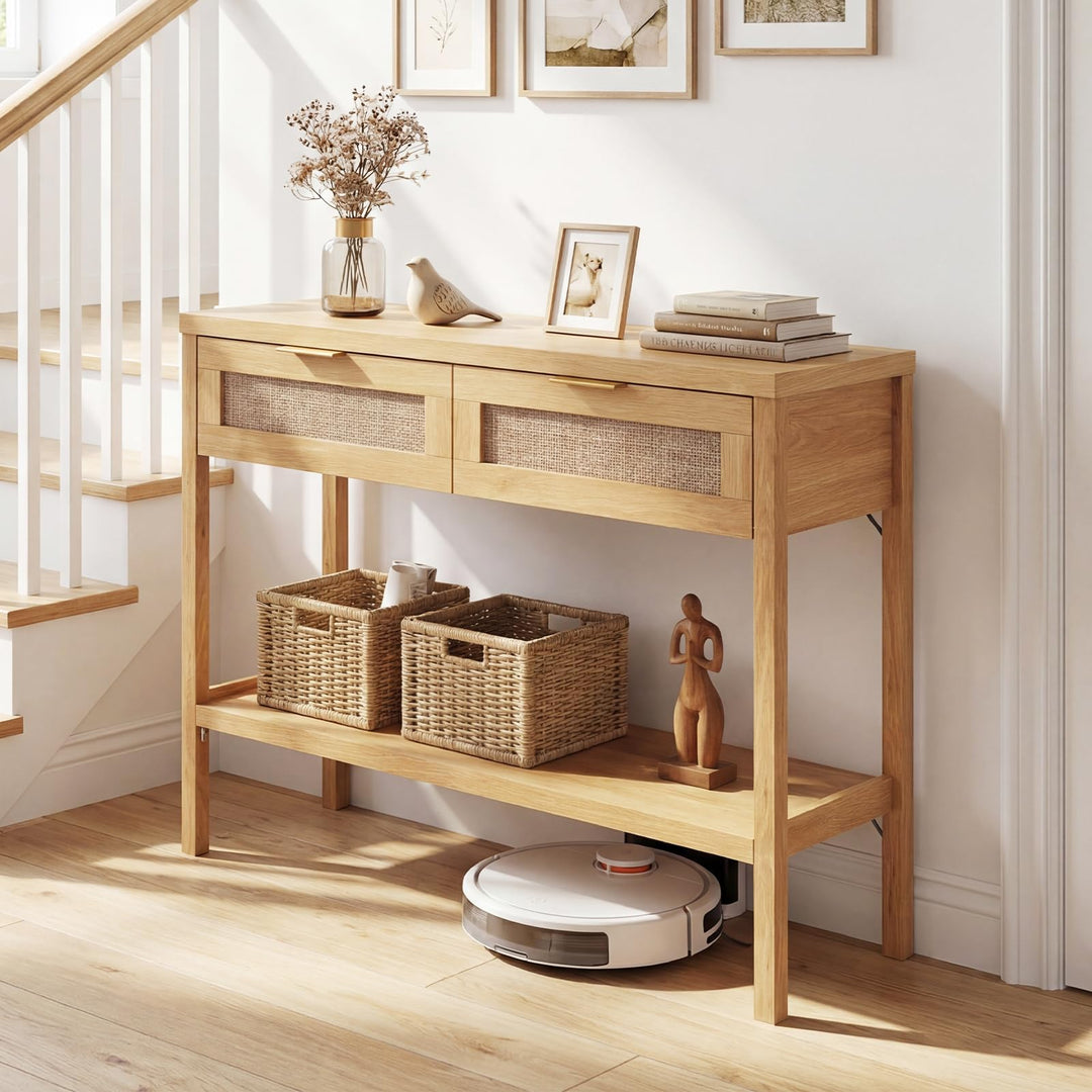Giantex 40" Rattan Console Table with Storage for Foyer Hallway Entrance