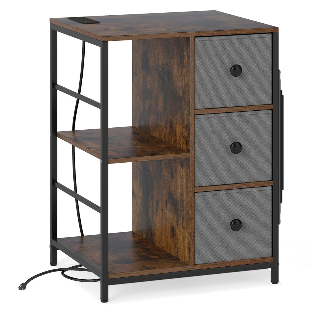 Giantex Industrial Nightstand with Charging Station - End Side Table w/3 Fabric Drawers