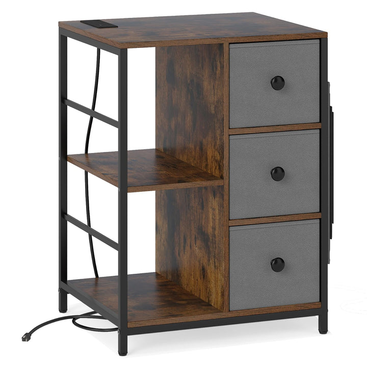 Giantex Industrial Nightstand with Charging Station - End Side Table w/3 Fabric Drawers