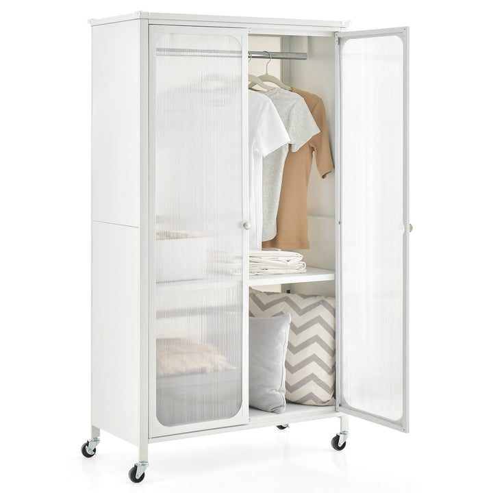 Portable Closet with Rollers, Mobile Metal Armoire Closet with Hanging Rod