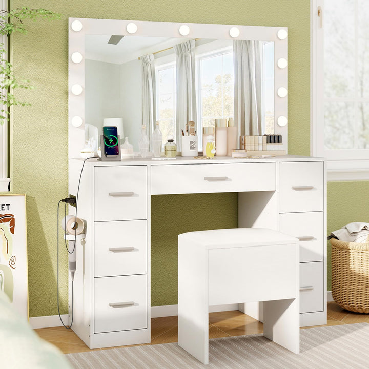 Vanity Desk with Large Mirror and Lights with Charging Station