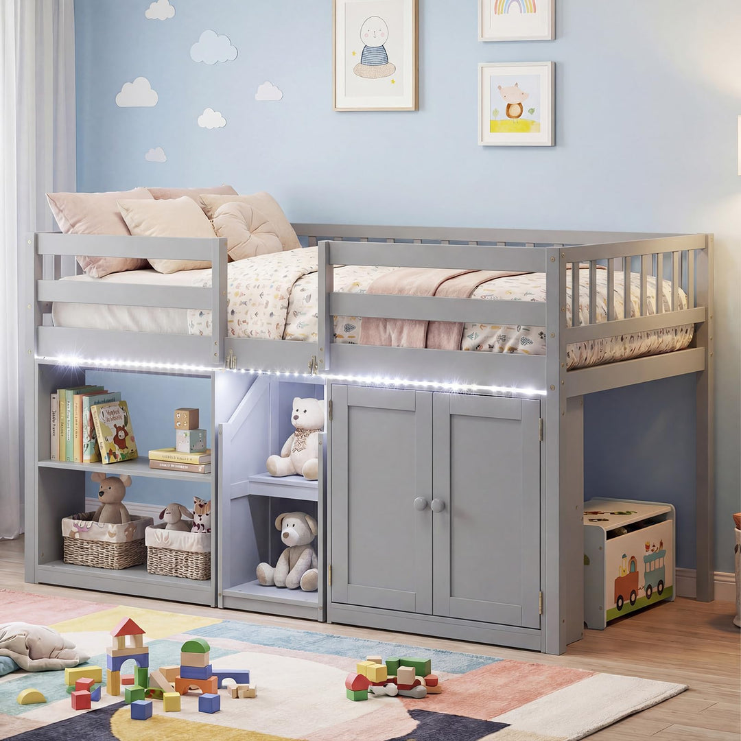 Giantex Low Loft Bed Twin Size with LED Lights, Wooden Bed Frame