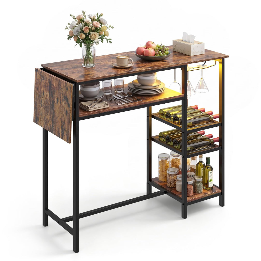 55" Drop-Leaf Counter Height Bar Table with LED Light and Remote Control for Small Space