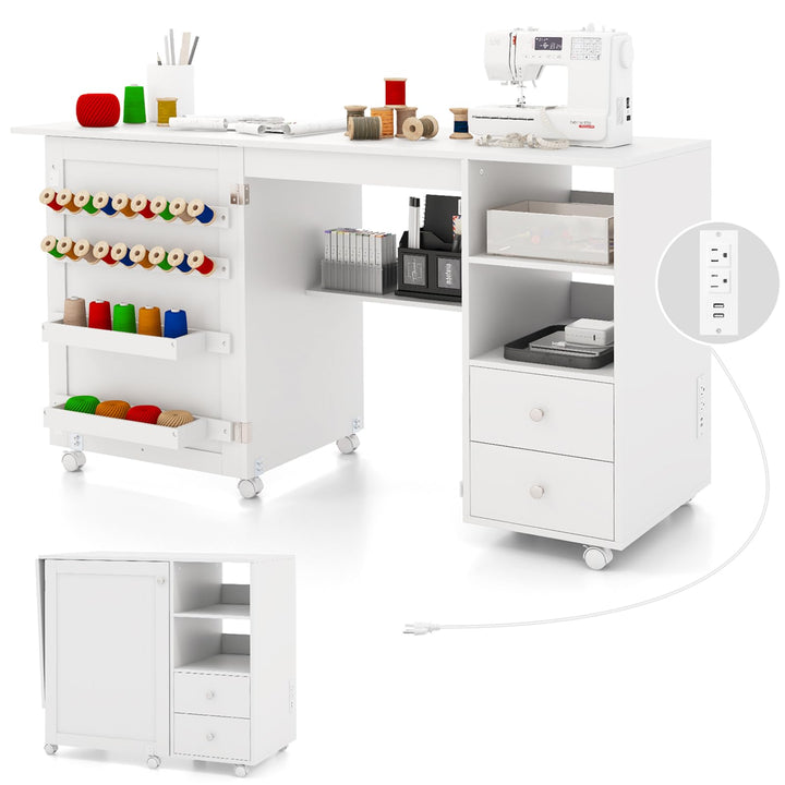 Giantex Folding Sewing Table with Charging Station, Rolling Craft Table with Storage Shelves and Drawers