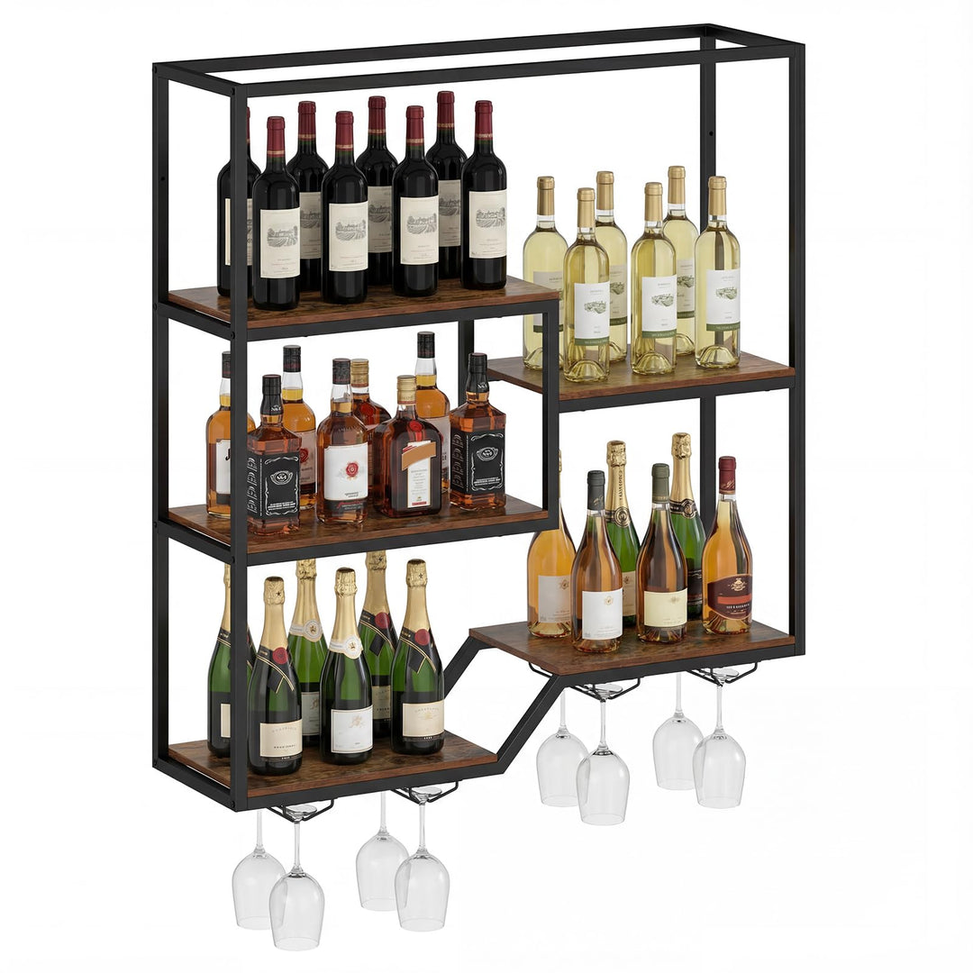 Giantex Wall Mounted Wine Rack 6-Tier Hanging Bar Shelf with Bottle Display Shelf and Glass Holder
