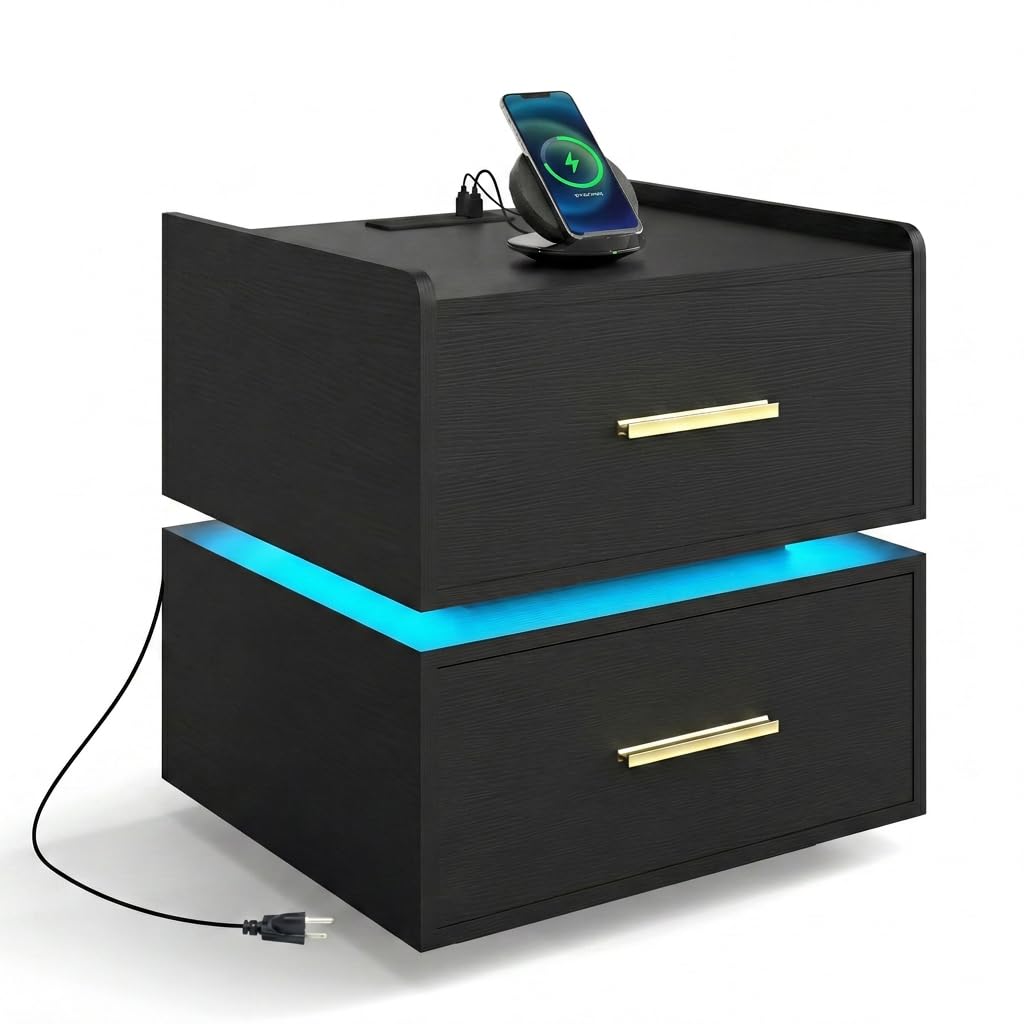 Giantex LED Night Stand with Charging Station &amp; 2 Storage Drawers (1/2)