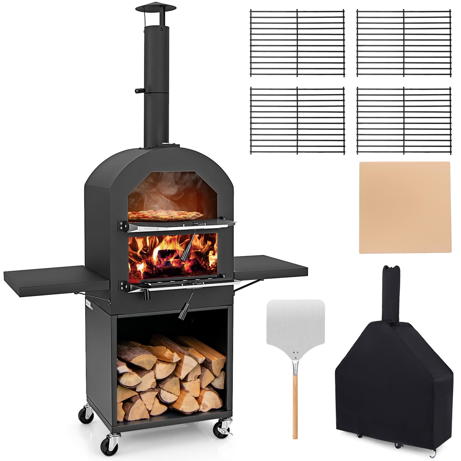 Giantex Pizza Oven Outdoor - Wood Fired Pizza Oven with 2 Side Tables