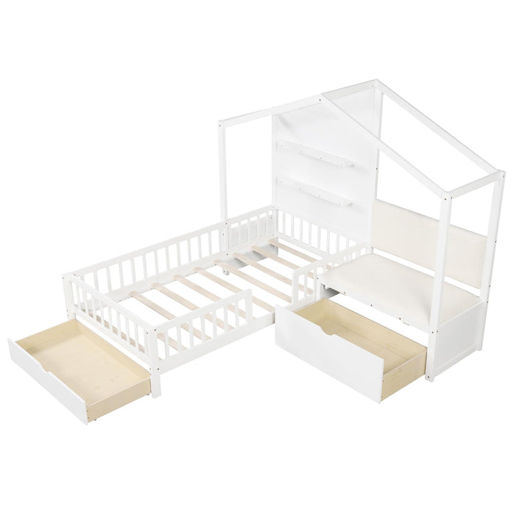 Giantex Twin House Bed for Kids, Wooden Kids Twin Bed Frame with Padded Bench