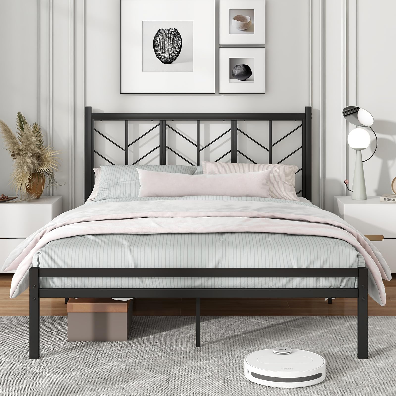 Giantex Bed Frames with Vintage Headboard, Metal Mattress Foundation for Storage