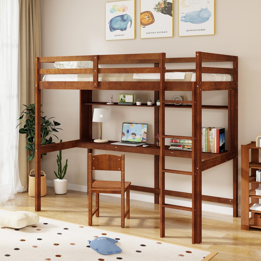 Giantex Twin Loft Bed with Desk and Bookshelf, Wooden Bed Frame with Safety Guardrail &amp; Ladder