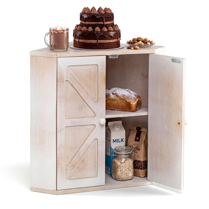 Giantex Corner Bread Box for Kitchen Countertop | Bamboo Wood Storage Bin with 2-Tier Pantry Shelves