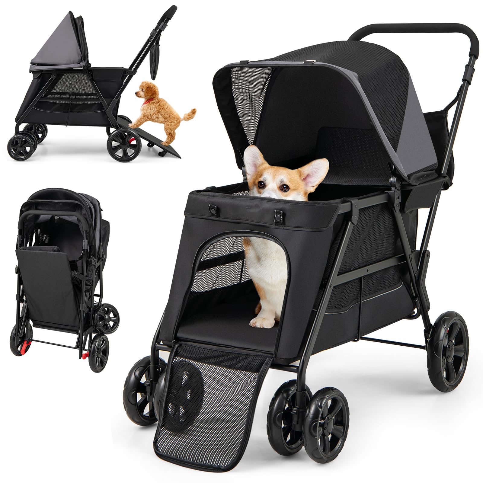 Giantex Dog Stroller with Low Entry & Ramp Access, Cat Stroller with Lockable & Shock-Absorbing All-Terrain Wheels