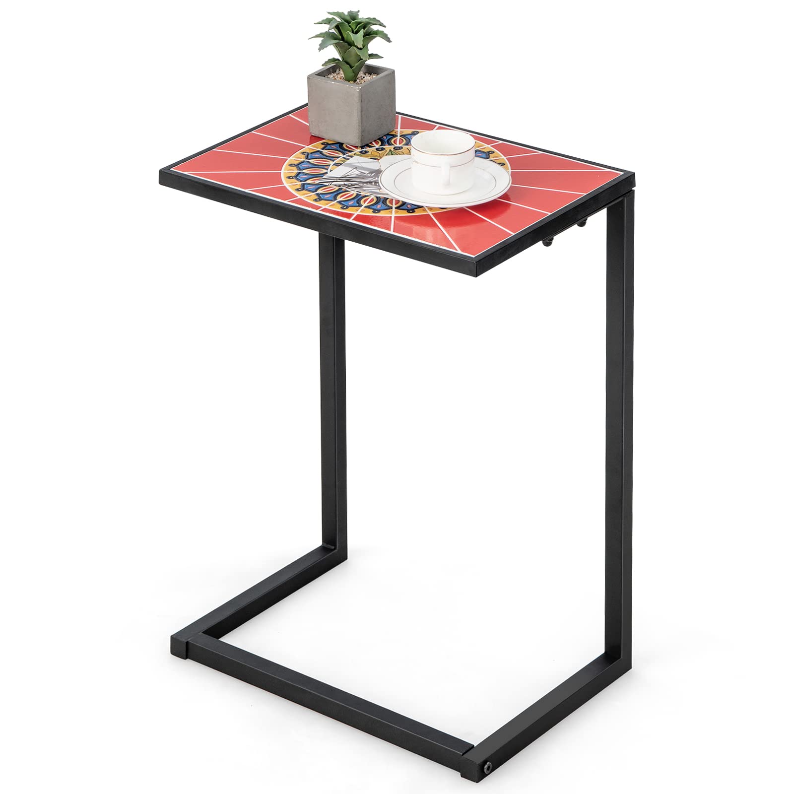 Giantex C-Shaped Outdoor Side Table - Patio End Table w/Ceramic Top & Metal Frame