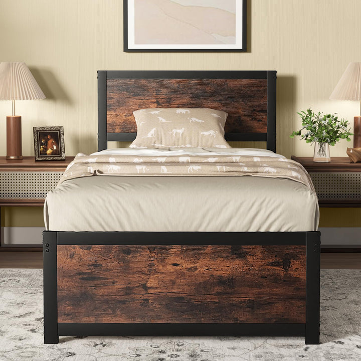 Giantex Twin Bed Frames for Kids, Industrial Metal Platform Bed with Headboard