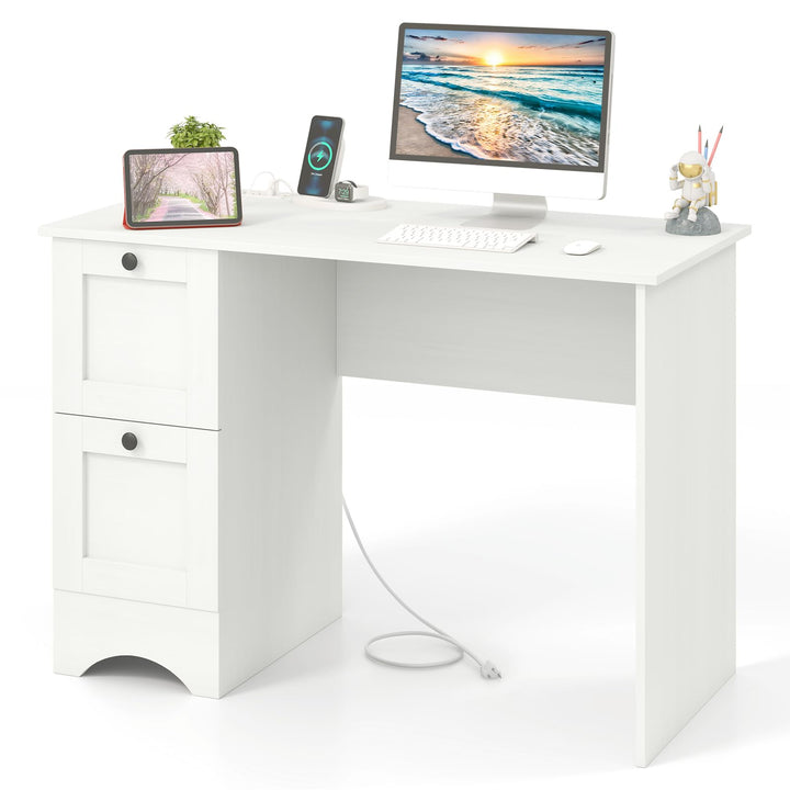 Giantex White Desk with 2 Drawers, 43” Wooden Home Office Desk with Charging Station