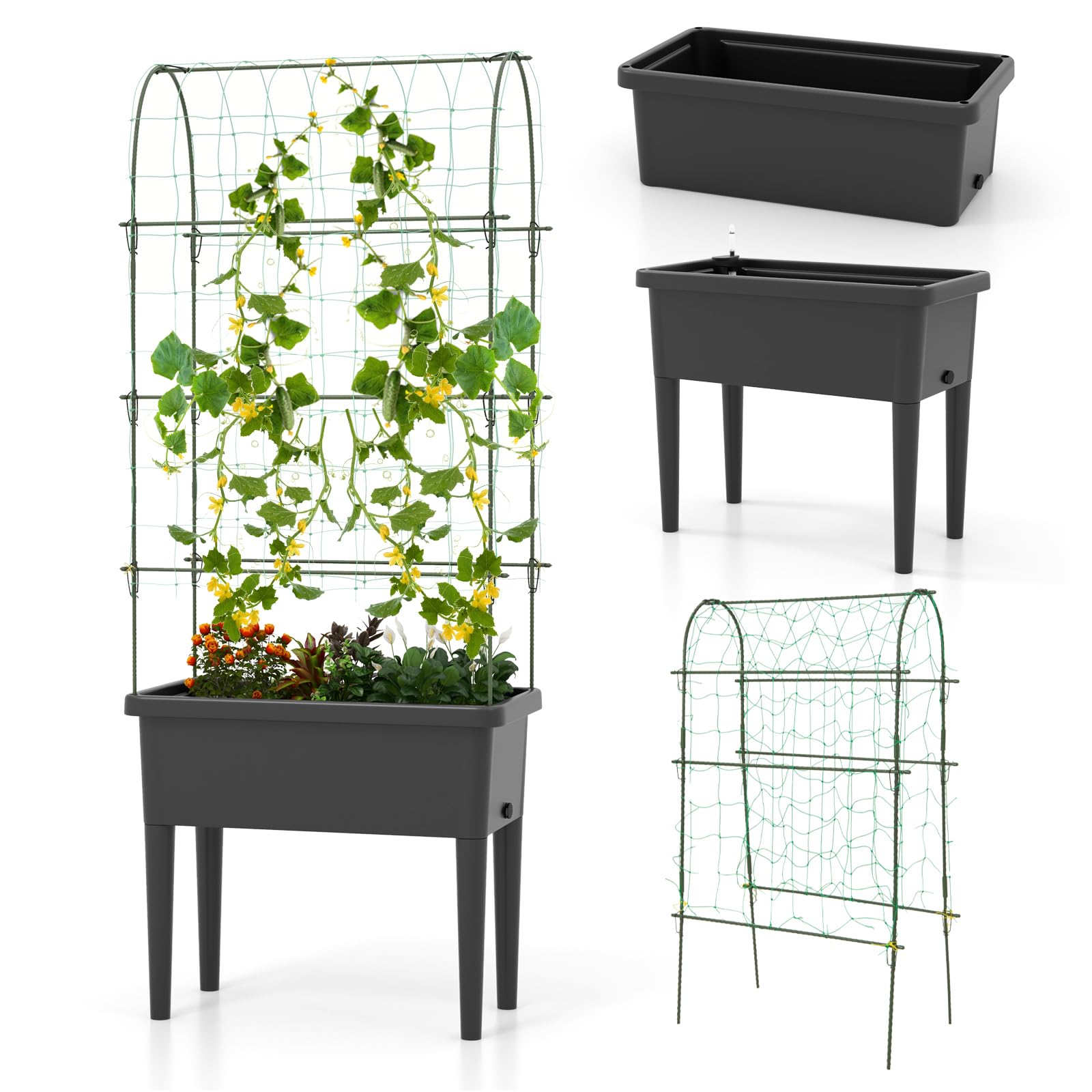 Giantex Raised Garden Bed with Climbing Trellis, Self-Watering Elevated Planter