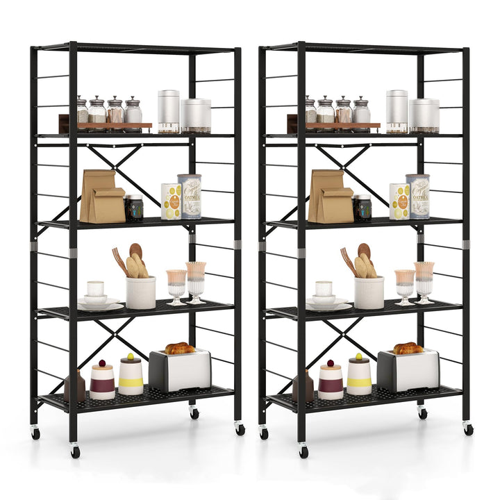 Giantex 5-Tier Folding Bookshelf with Wheels of 1/2, 60" Tall Foldable Metal Shelves for Storage