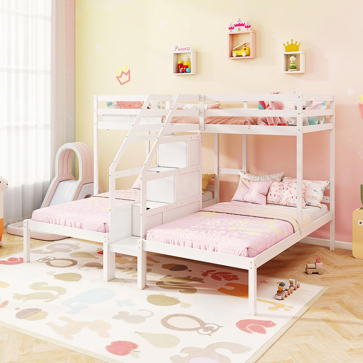 Giantex Twin Over Twin &amp; Twin Bunk Bed Triple Bunk Beds with 4-Step Storage Stair
