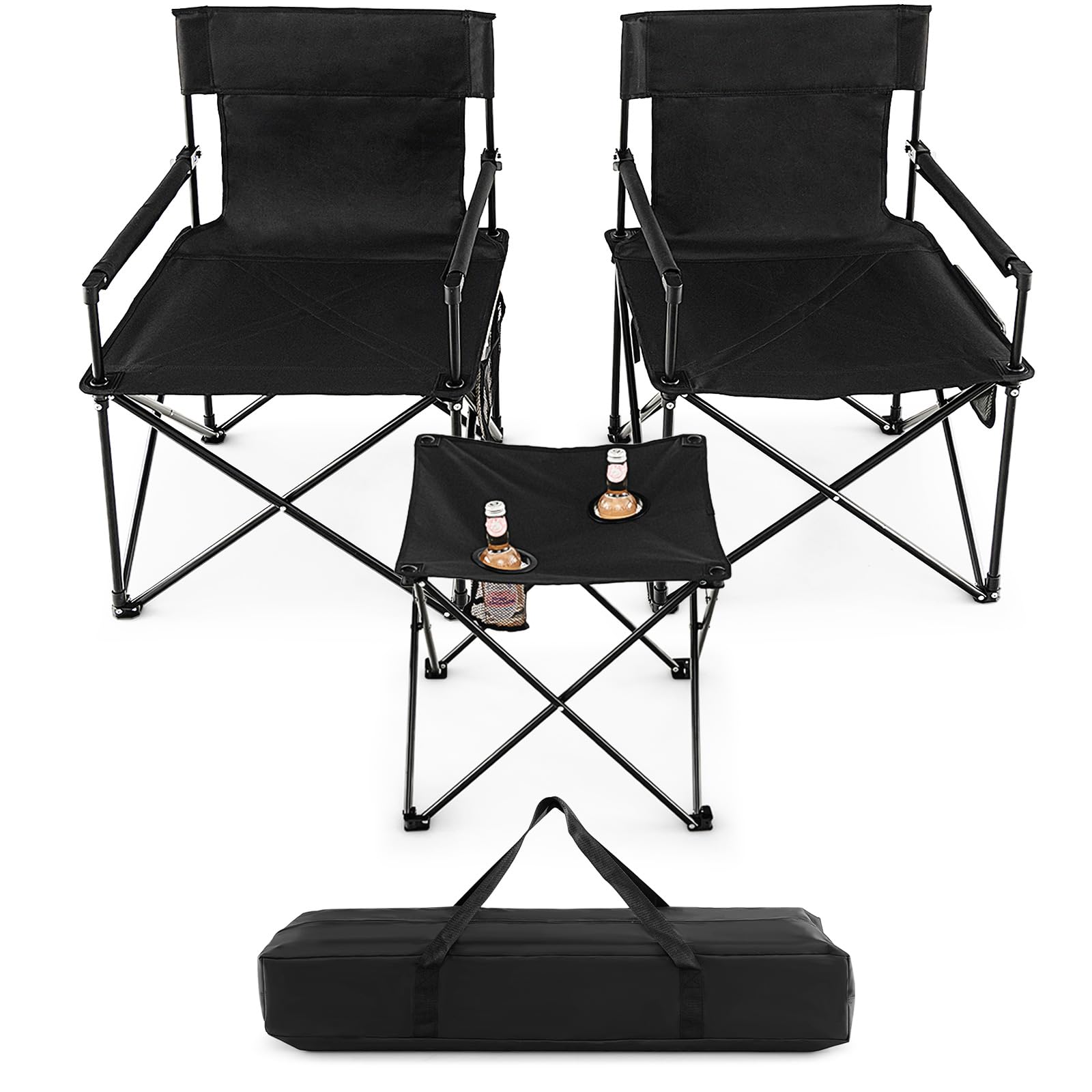 Giantex Camping Chair and Table Set - 3 Pack Folding Beach Chair with Side Table, 2 Cup Holders, Storage Pockets