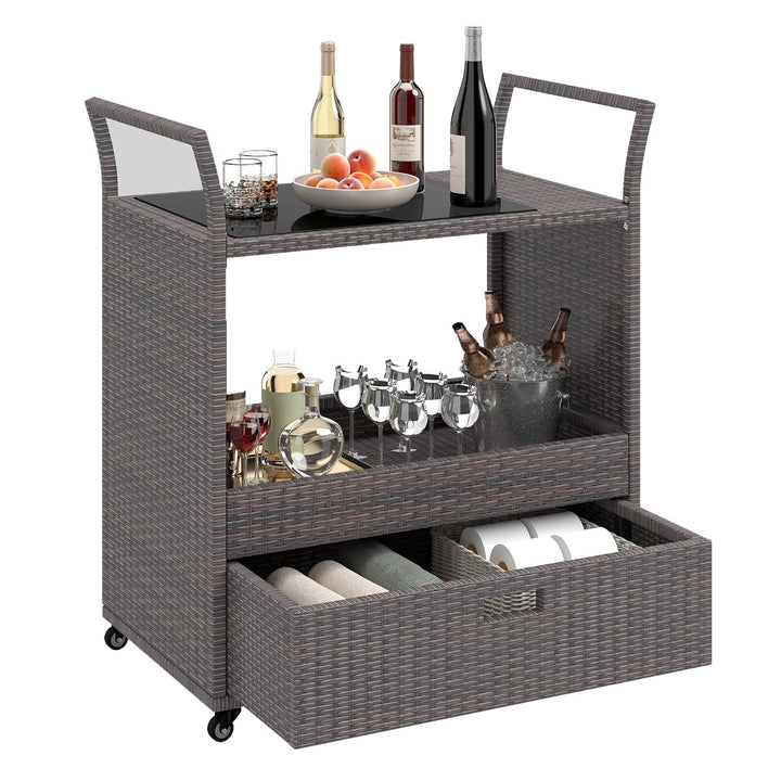 Giantex Rolling Wicker Cart W/Shelves and Big Drawer for Dining Room