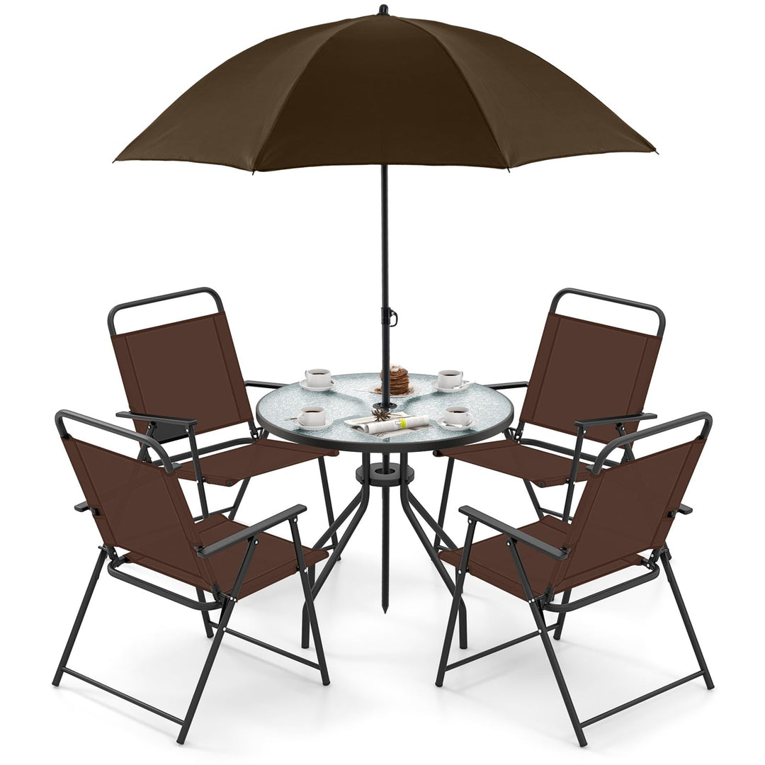 Giantex 6 Pieces Patio Dining Set, Folding Patio Chairs Set of 4, Tempered Glass Umbrella Table with Hole Brown