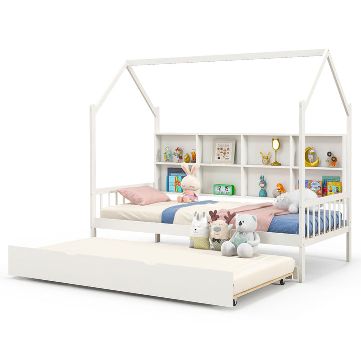 Giantex Twin House Bed with Trundle, Solid Wood Bed Frame with Roof & 8 Cube Bookcase