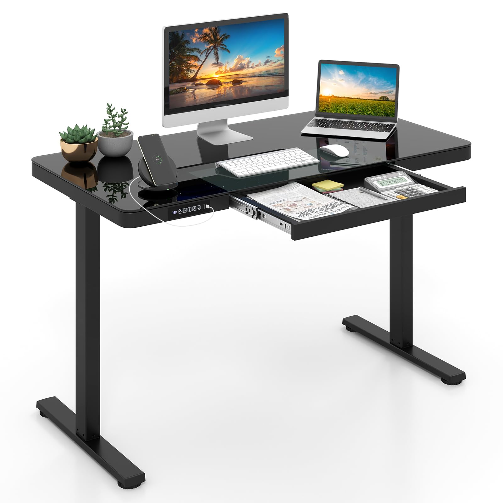 Giantex Glass Standing Desk with Drawer, 48" x 24" Height Adjustable Electric Stand Up Desk