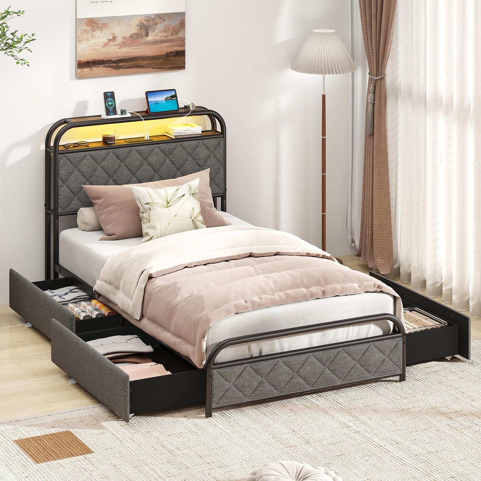 Giantex Bed Frame with 4 Storage Drawers and Charging Station