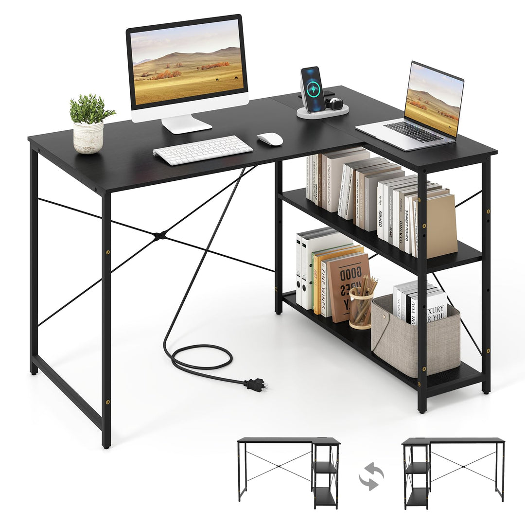 Giantex 47 Inch Reversible Computer Desk with Adjustable Storage Shelves and Metal Frame