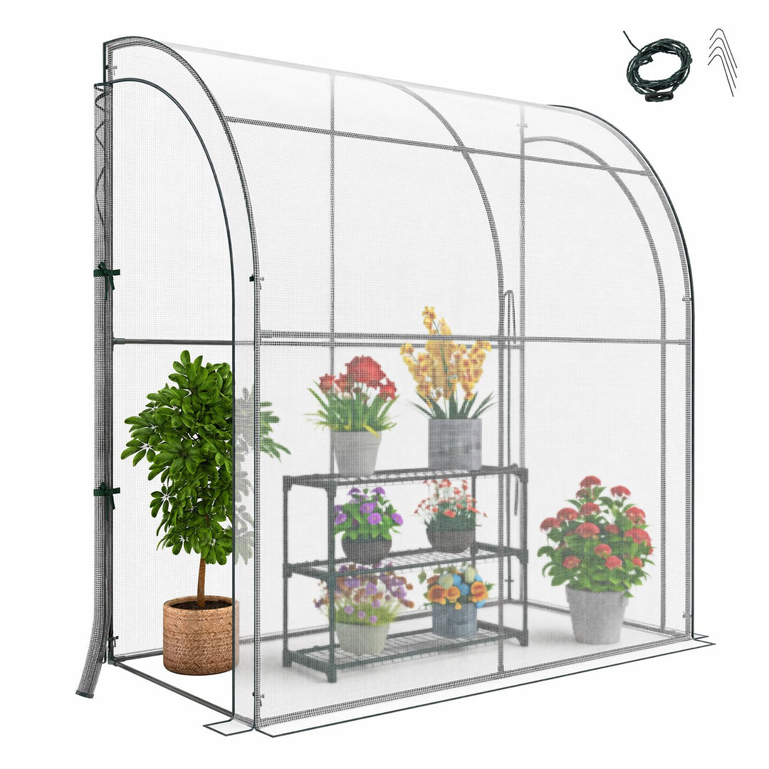 Giantex Walk-in Lean-to Greenhouse - with 3-Tier Plant Stand, 7’x 3.5’x 7’ Green House, PE Grid Cover