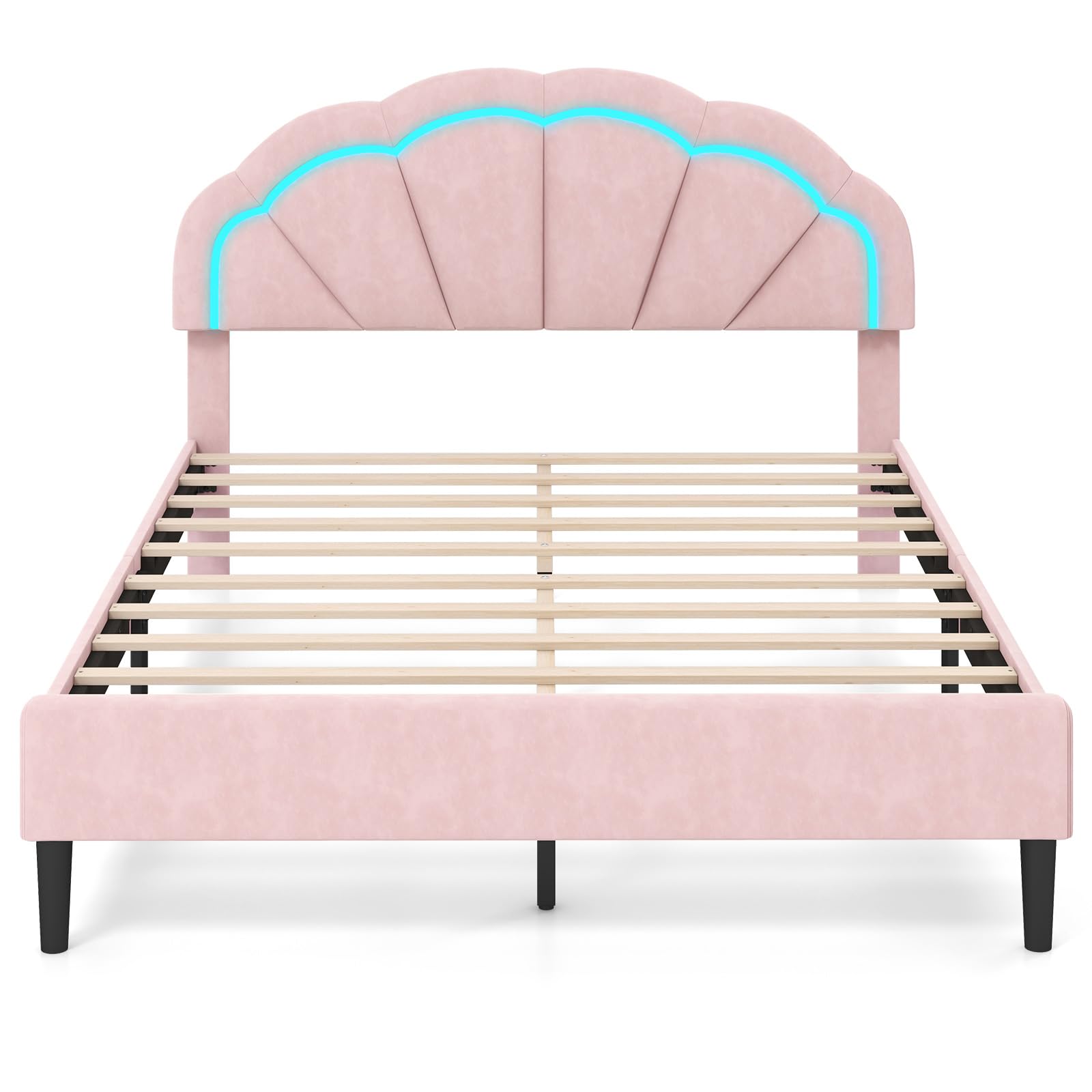 Giantex Full Size LED Bed Frame, Velvet Upholstered Full Platform Bed with Adjustable Cloud Headboard