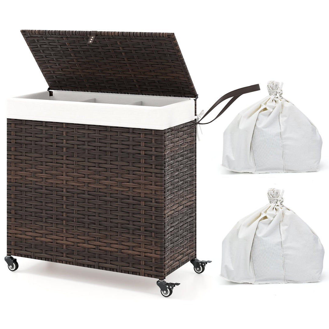 Giantex Laundry Hamper w/Wheels, 3 Section Hamper 125L w/2 Removable Liner Bags