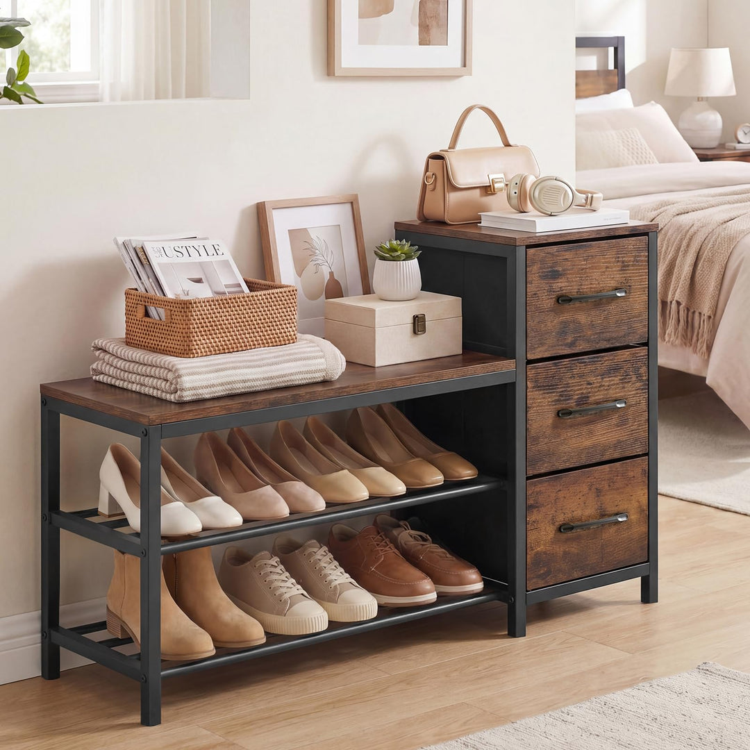 Giantex 3-Tier Industrial Shoe Storage Bench with 3 Removable Fabric Drawers