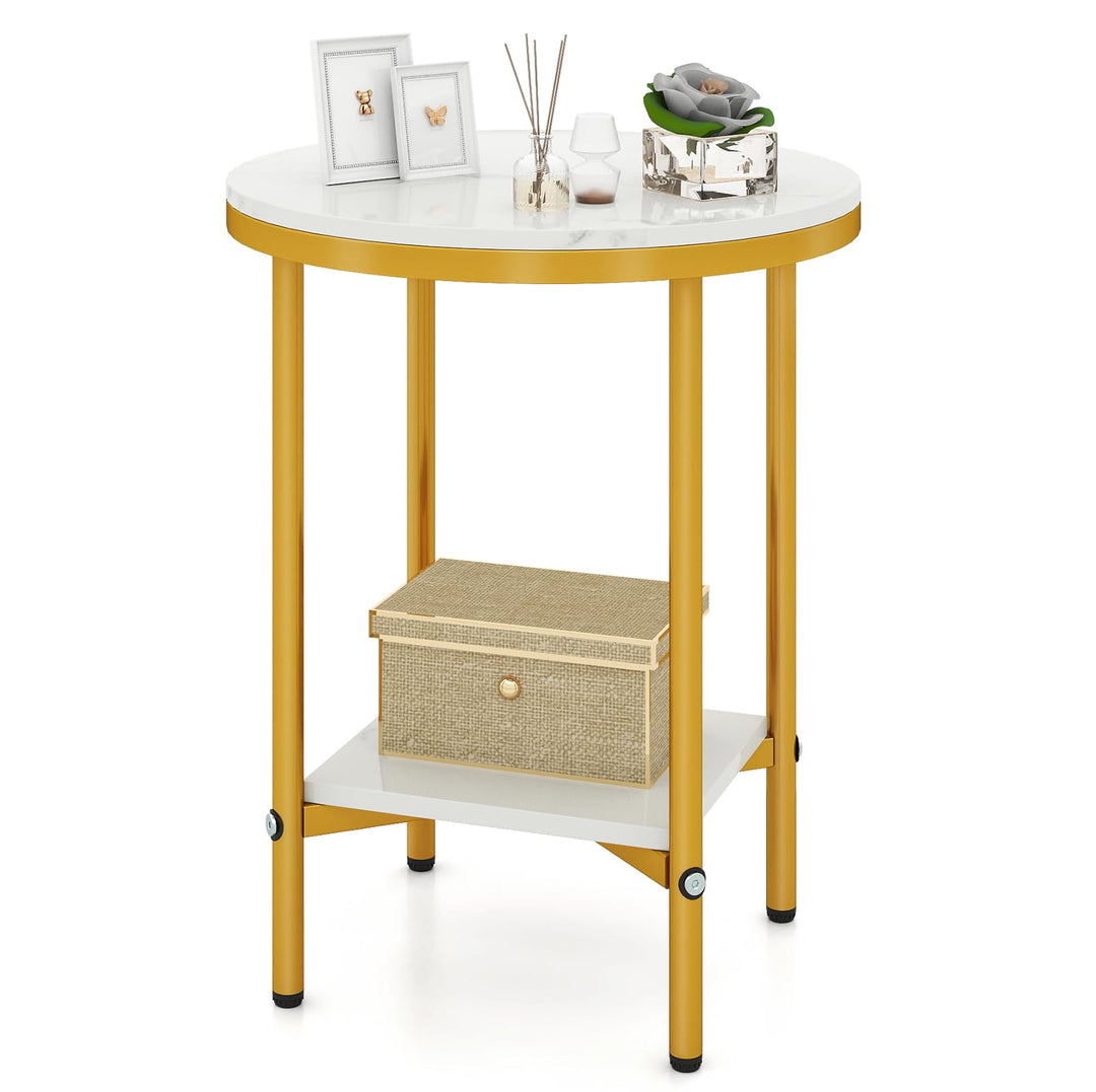 Giantex Round Side Table 2-Tier Faux Marble Sofa Side Coffee Table w/Gold Frame & Open Shelf