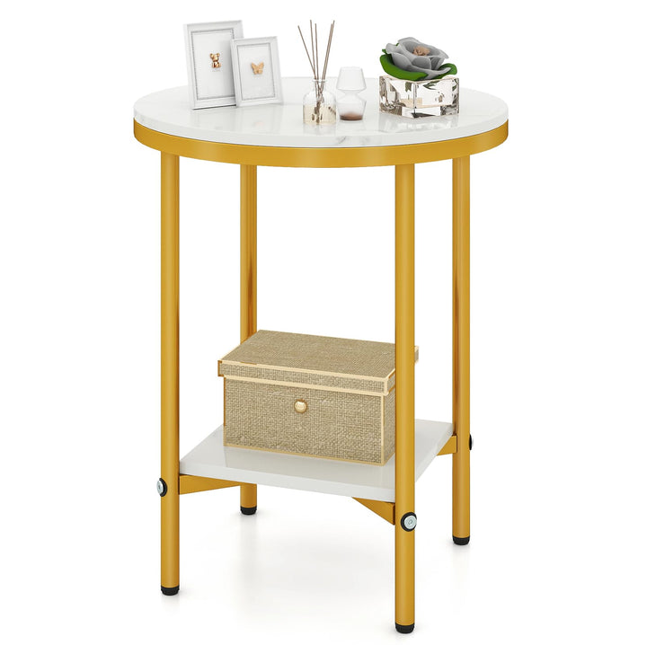 Giantex Round Side Table 2-Tier Faux Marble Sofa Side Coffee Table w/Gold Frame & Open Shelf
