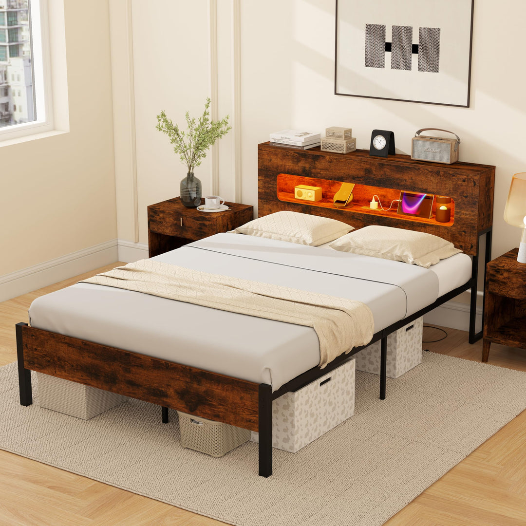 Giantex Full Size Bed Frame with LED Lights & Charging Station