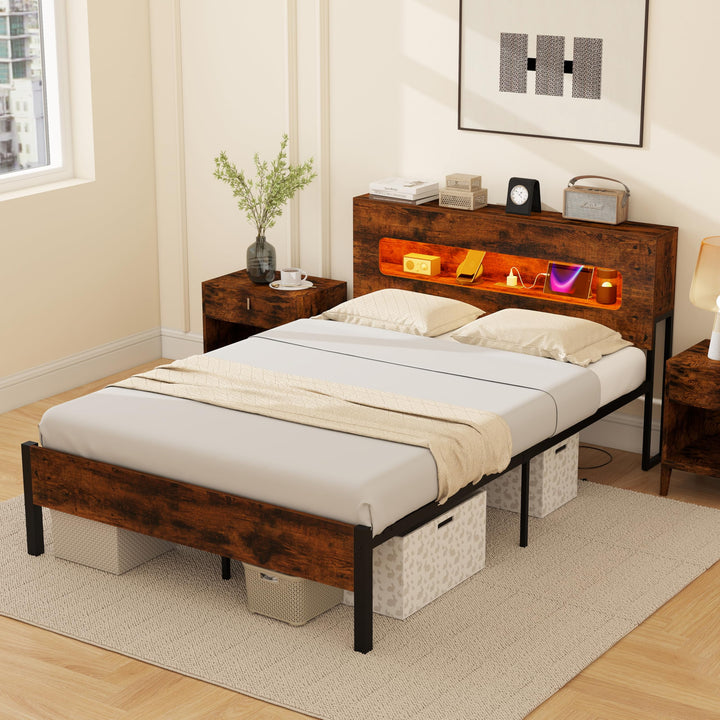 Giantex Full Size Bed Frame with LED Lights & Charging Station
