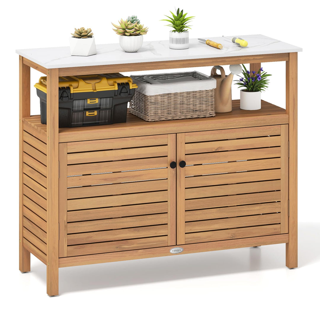 Giantex Outdoor Potting Bench Acacia Wood Large Planting Workstation with 2-Door Storage Cabinet