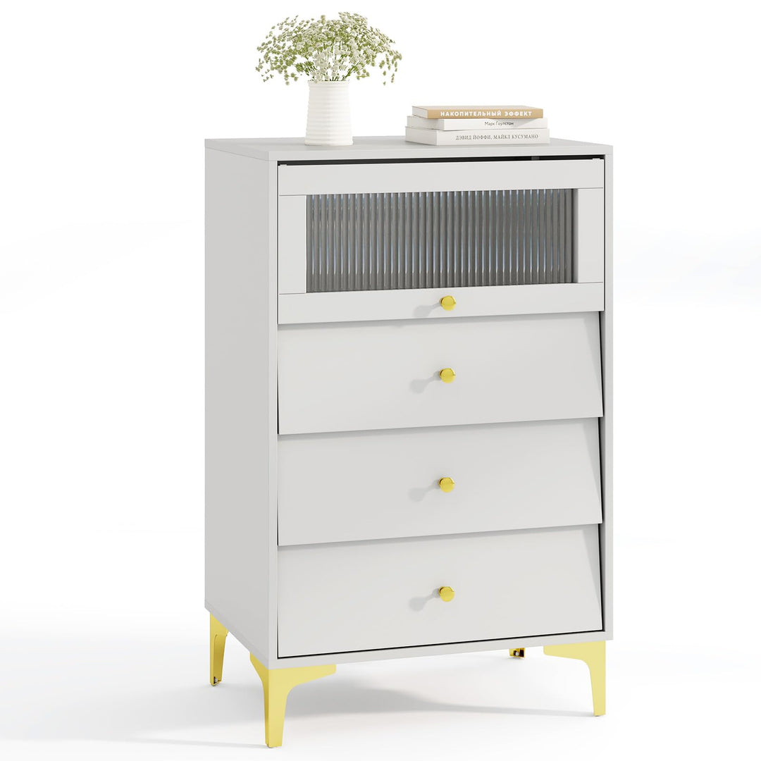 Giantex 3 Drawer Dresser, Modern Storage Cabinet w/Flip Up Fluted Glass Door & Pull-Out Drawers