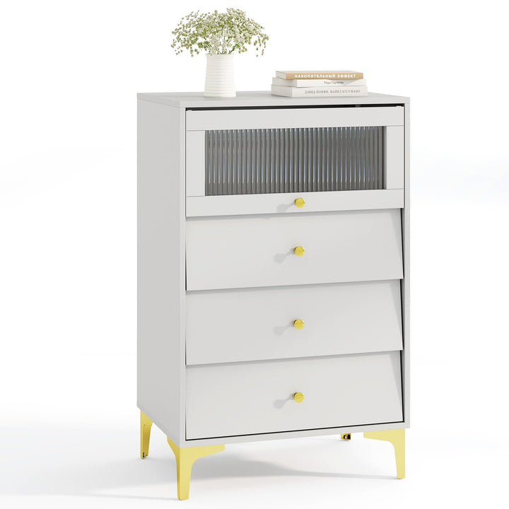 Giantex 3 Drawer Dresser, Modern Storage Cabinet w/Flip Up Fluted Glass Door & Pull-Out Drawers